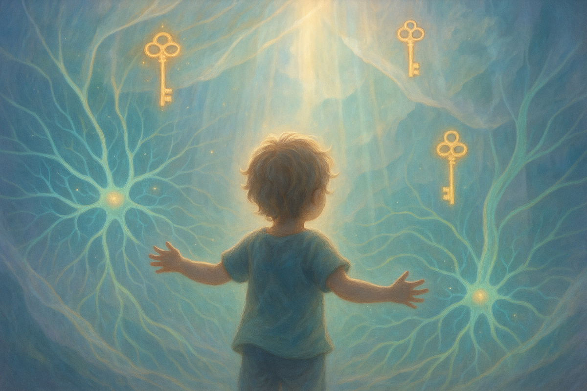 Child reaching toward golden keys of wisdom, symbolizing unlocking nervous system energy and pathways to calm, clarity, and spiritual discovery.